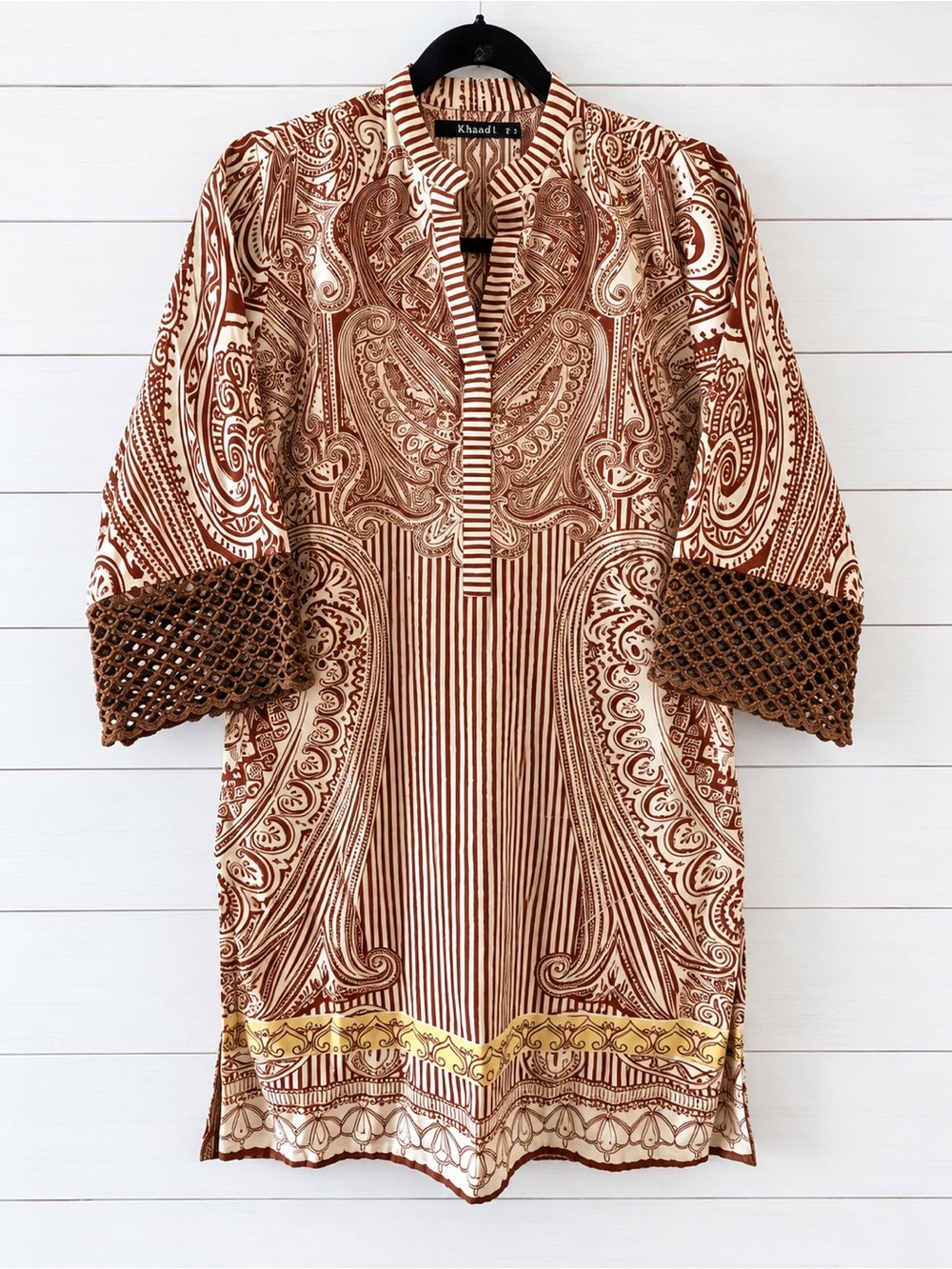 Women's Brown Paisley Tunic with Crochet Cuffs